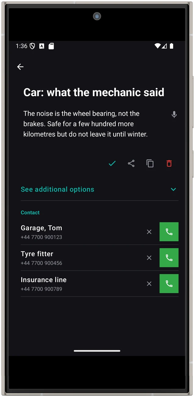 Note with pinned phone numbers and call buttons