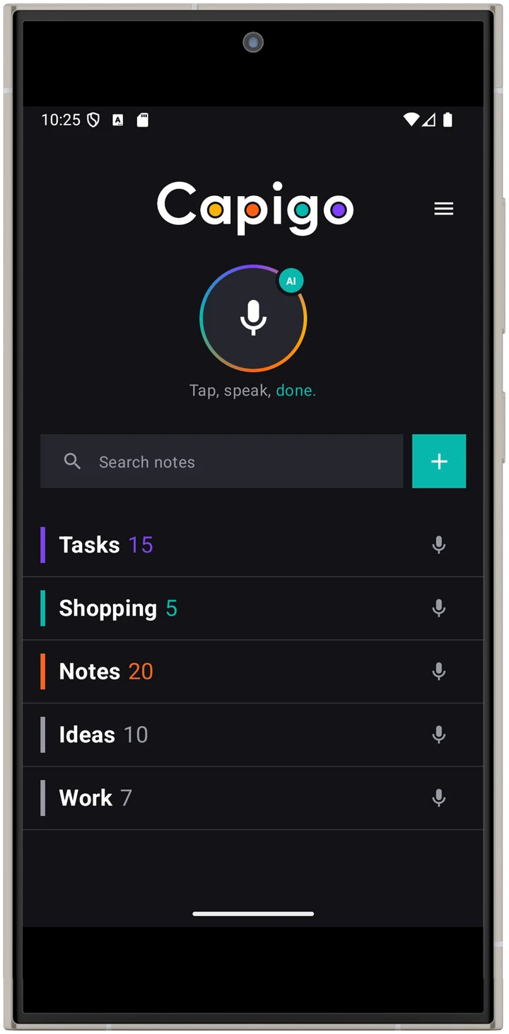 Capigo home screen: microphone button, search and categories