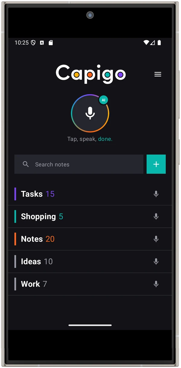 Capigo home screen, dark theme