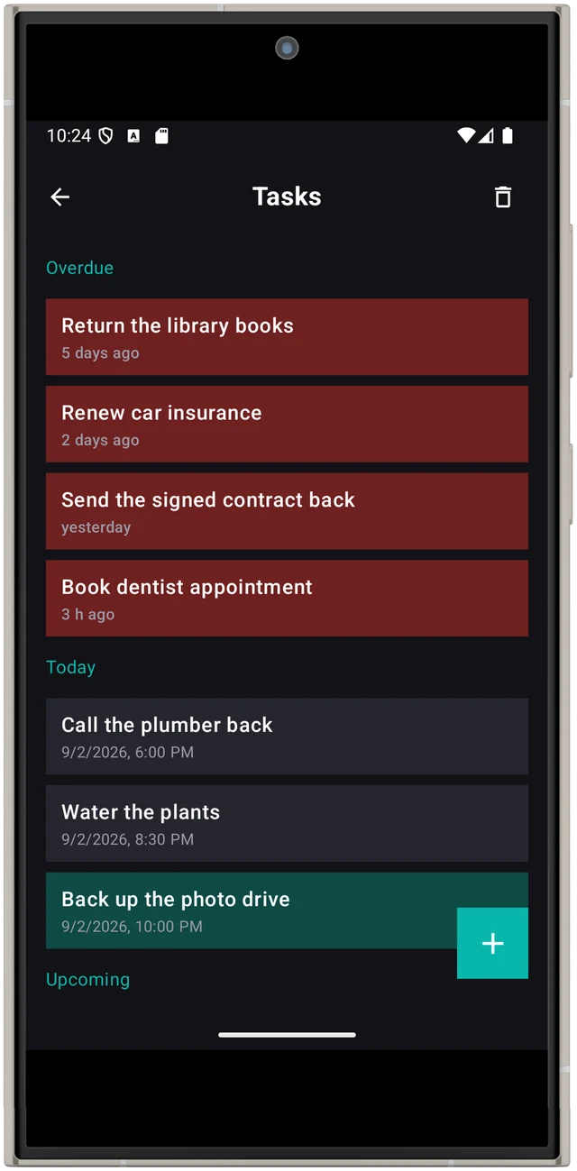 Tasks screen with overdue, today and upcoming sections